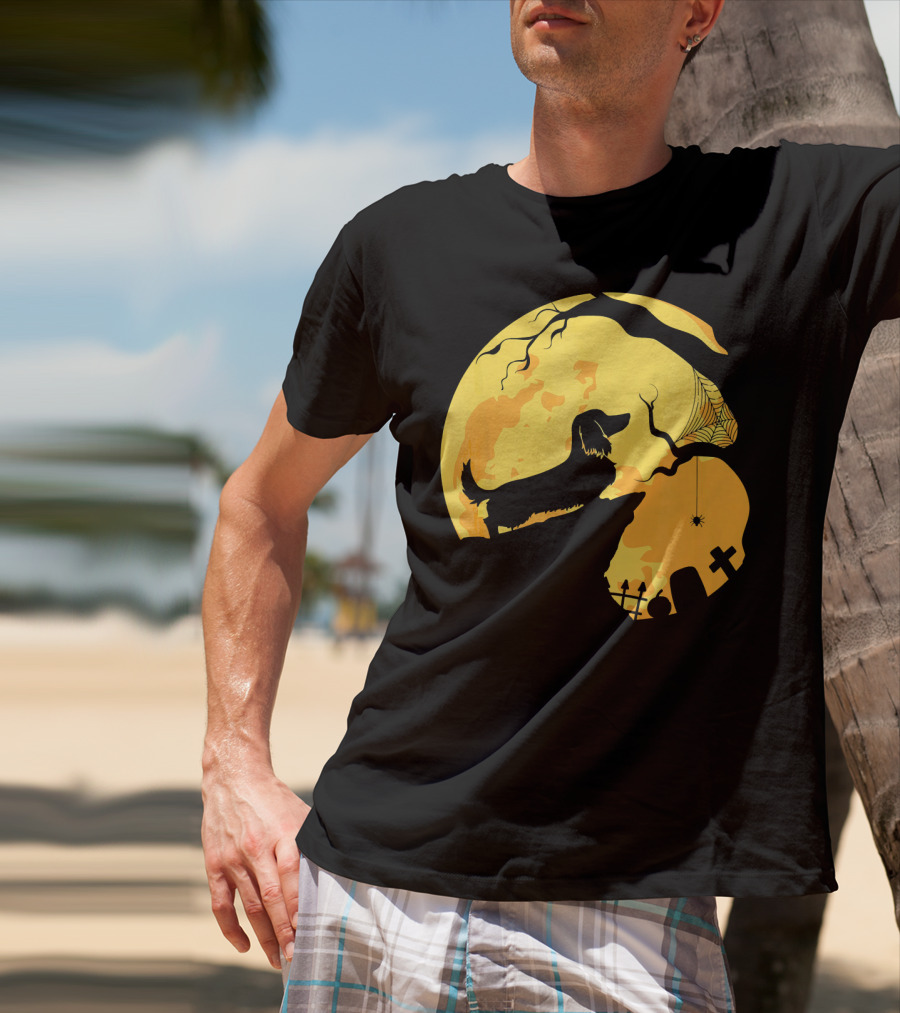 Dachshund Silhouette On Cliff With Full Moon And Halloween Graveyard Scene T-Shirt