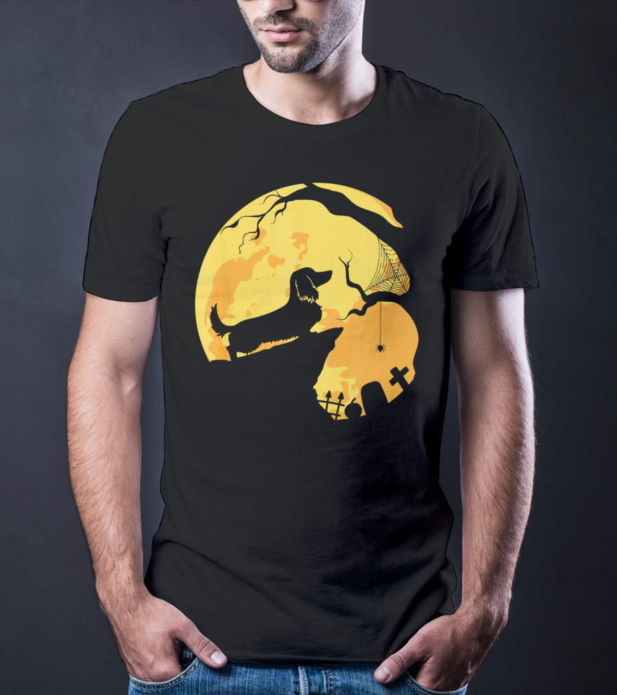 Dachshund Silhouette On Cliff With Full Moon And Halloween Graveyard Scene T-Shirt