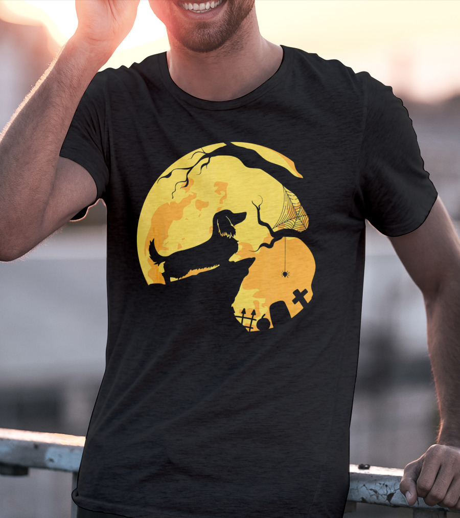 Dachshund Silhouette On Cliff With Full Moon And Halloween Graveyard Scene T-Shirt