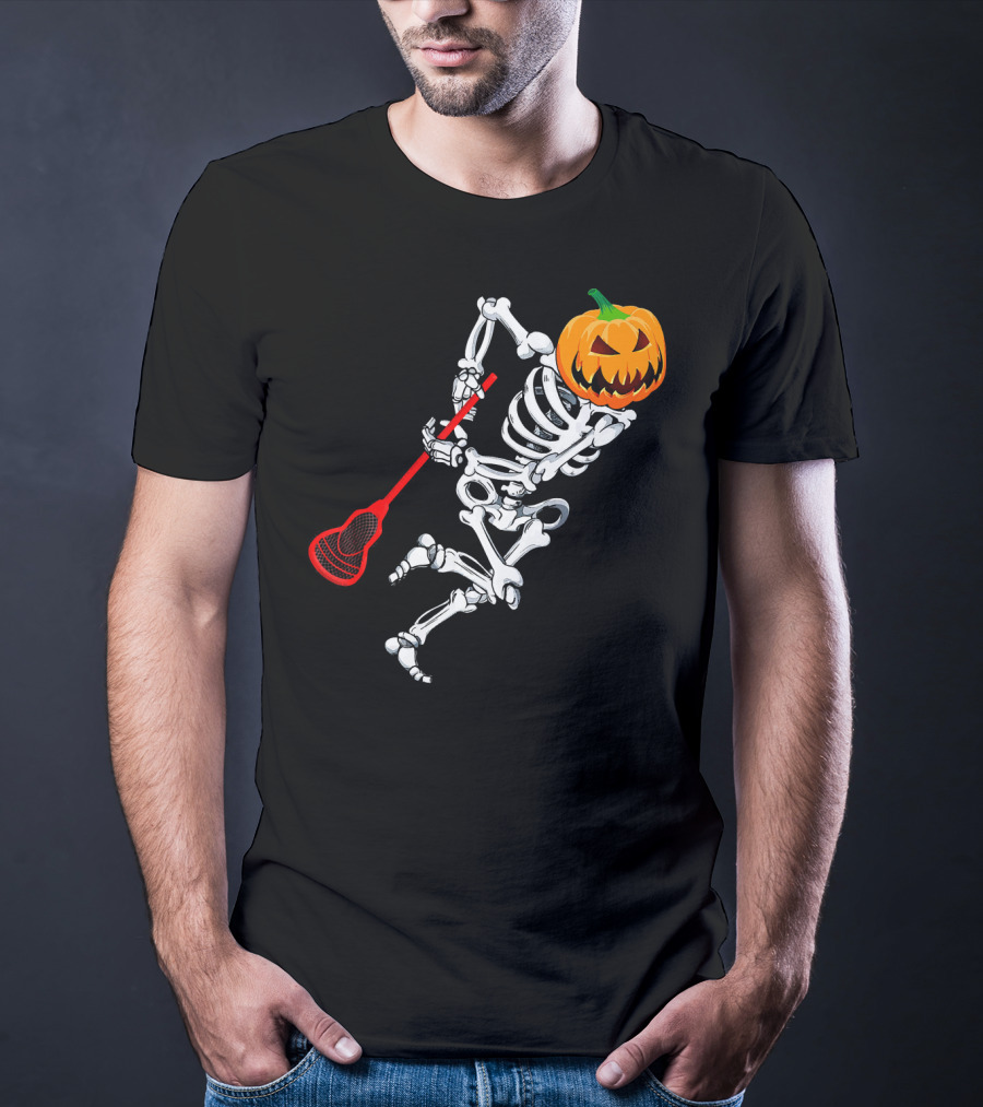 Skeleton Pumpkin Lacrosse Halloween T-Shirt