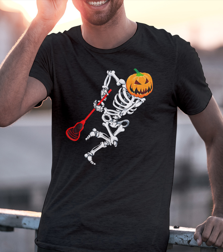 Skeleton Pumpkin Lacrosse Halloween T-Shirt