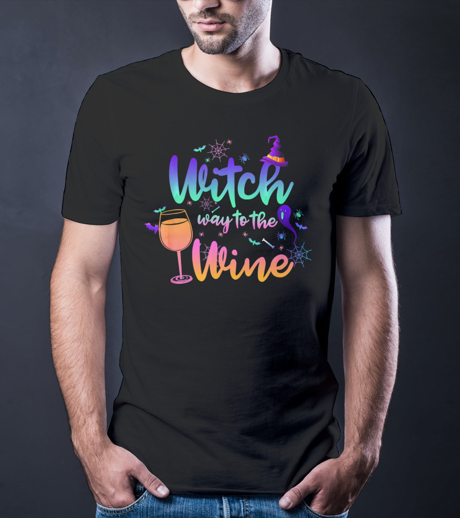 Witch Way To The Wine Halloween Drinking Colorful Witch Hat Wine Glass Spiders Bats T-Shirt
