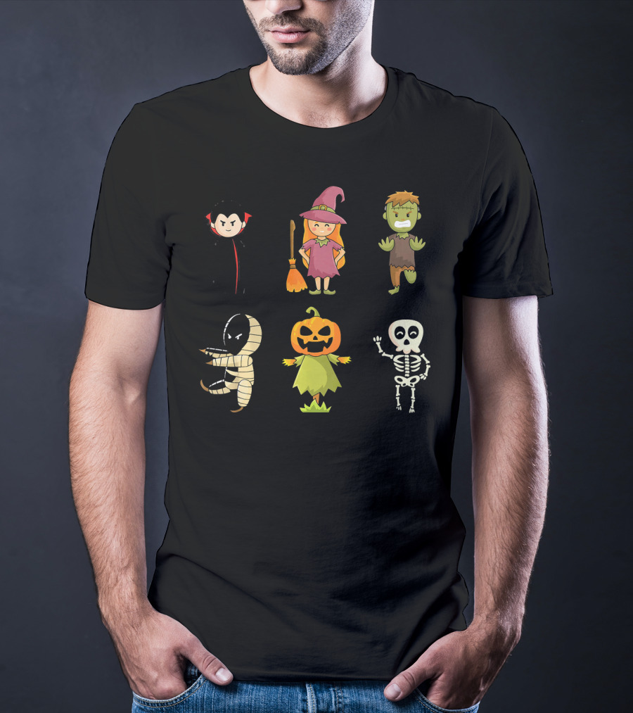 Halloween Characters Dracula Zombie Witch Pumpkin Mummy Skeleton T-Shirt