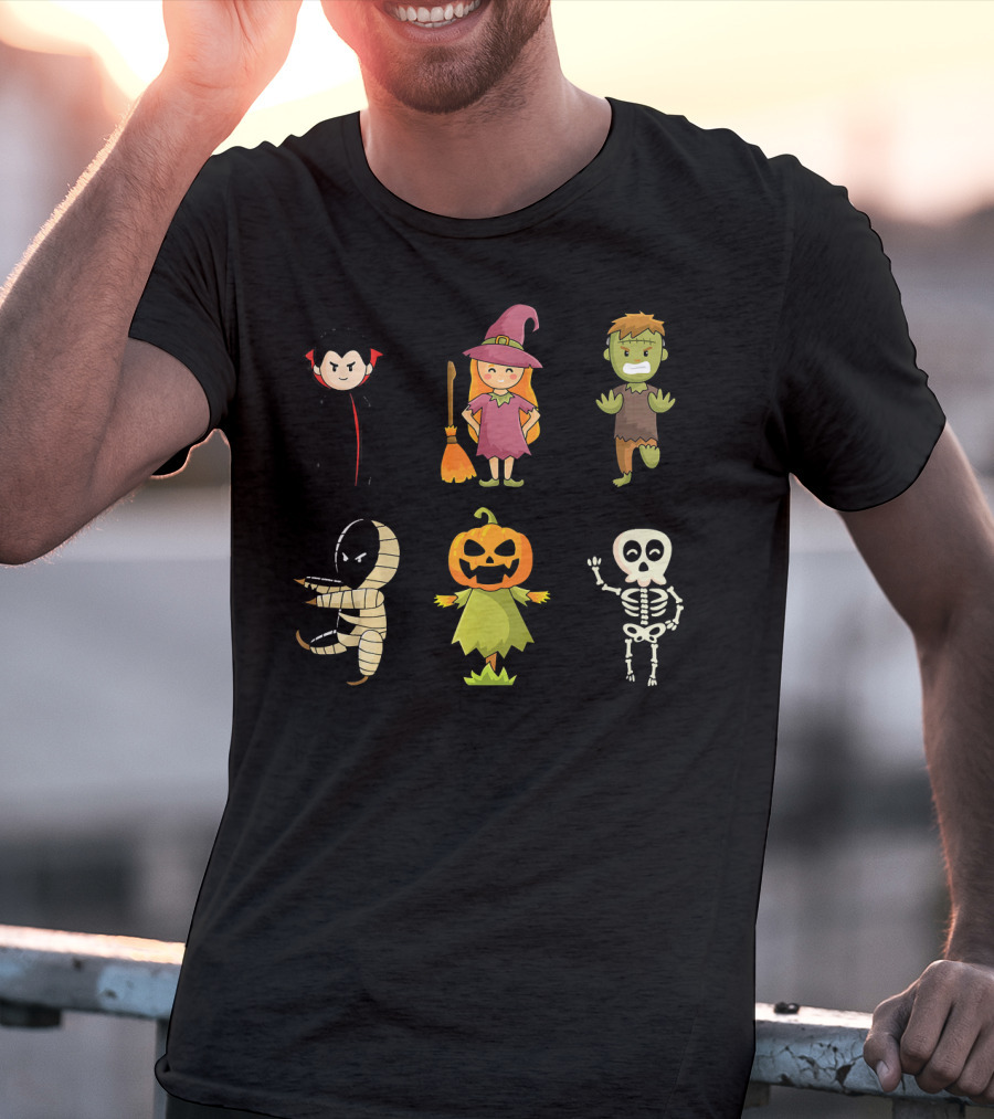 Halloween Characters Dracula Zombie Witch Pumpkin Mummy Skeleton T-Shirt