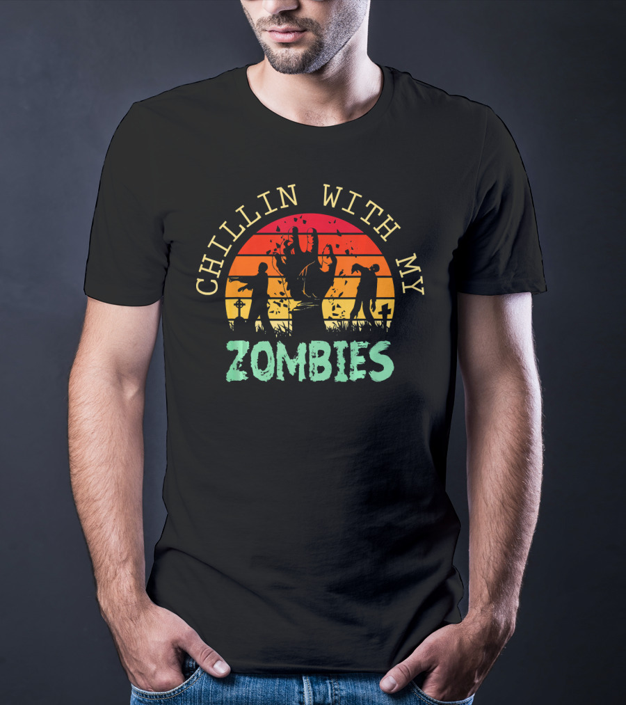 CHILLIN WITH MY ZOMBIES Halloween Zombie Sunset Scene T-Shirt