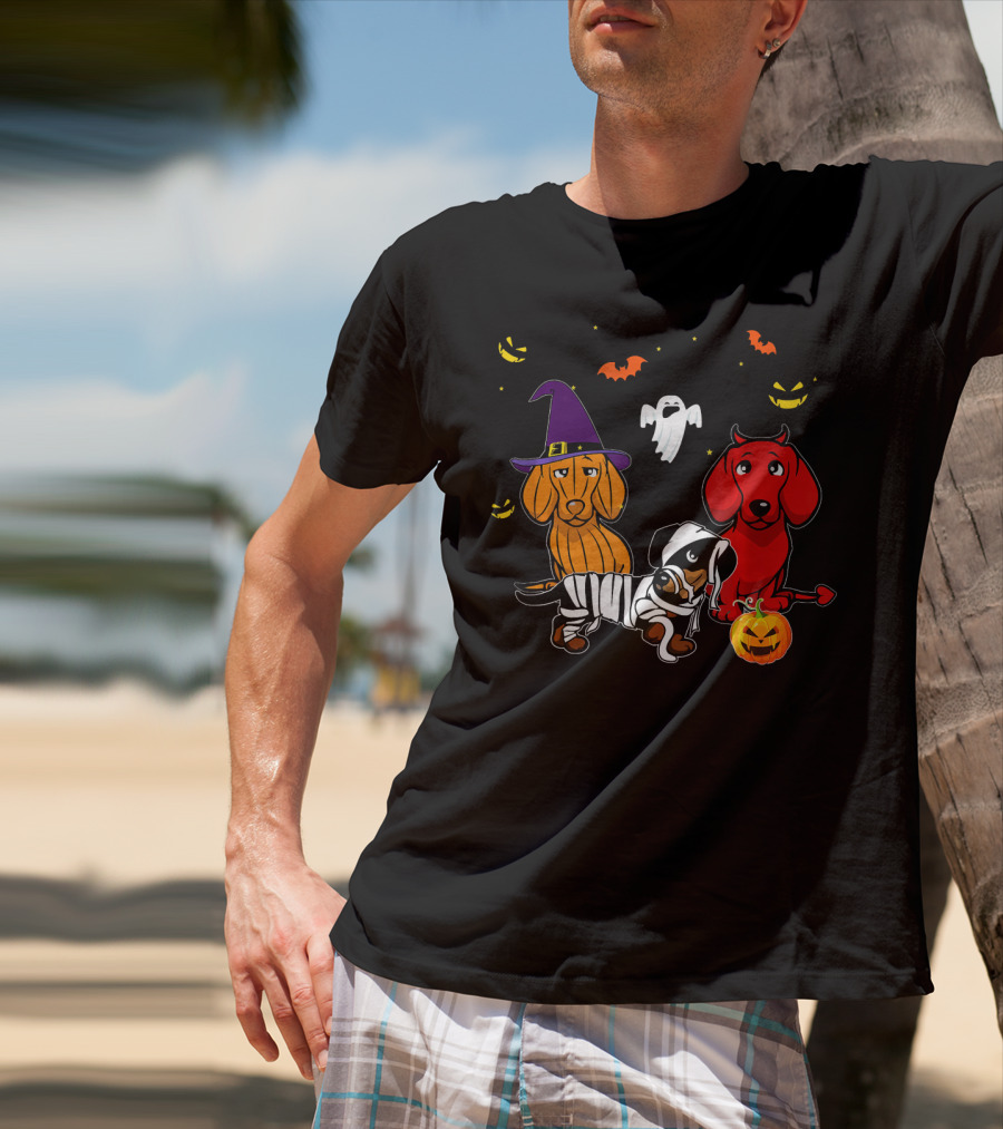 Dachshund In Witch, Devil, And Mummy Costumes With Pumpkin And Ghost T-Shirt