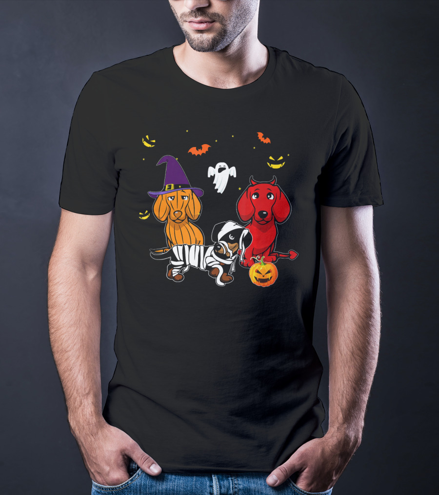 Dachshund In Witch, Devil, And Mummy Costumes With Pumpkin And Ghost T-Shirt