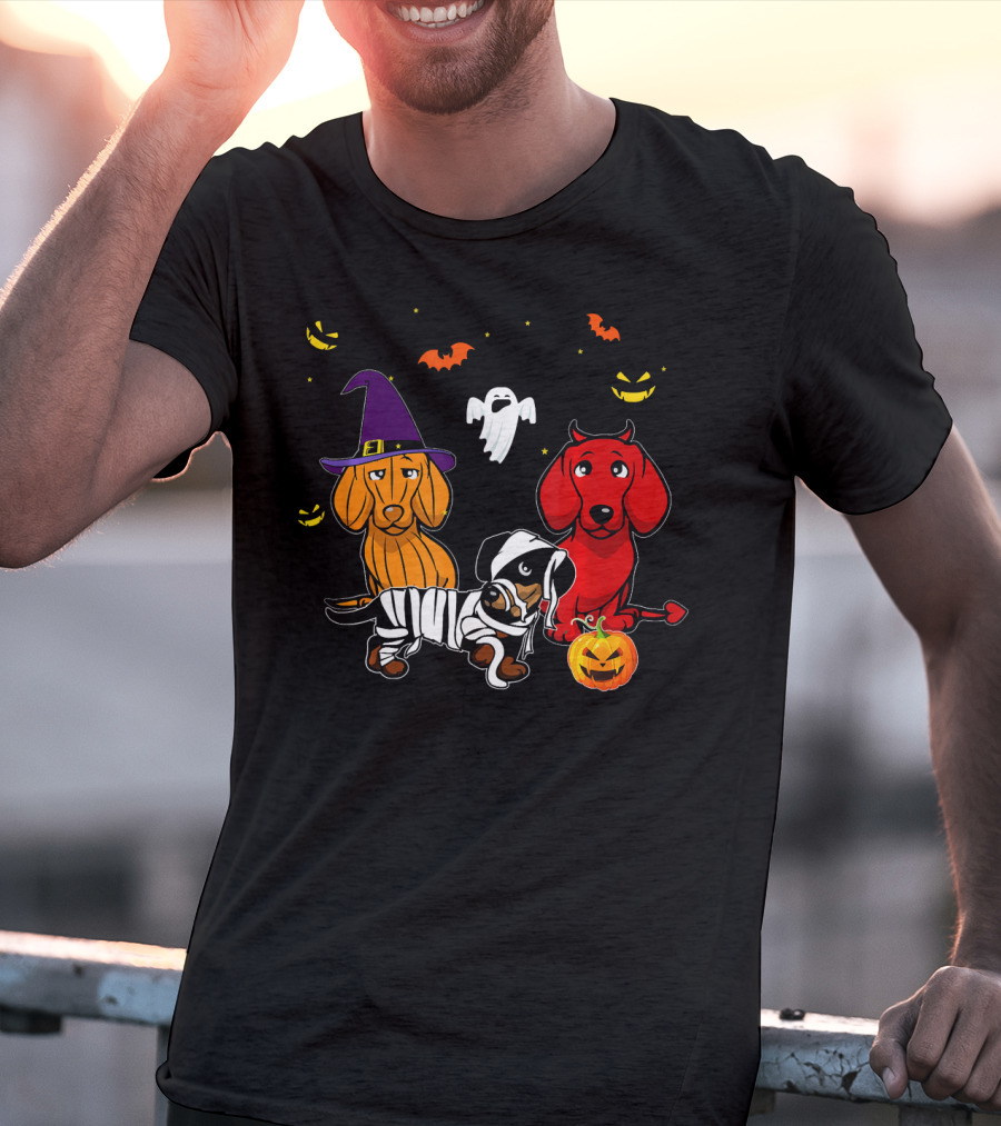 Dachshund In Witch, Devil, And Mummy Costumes With Pumpkin And Ghost T-Shirt