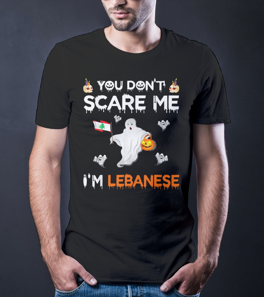 You Don't Scare Me I'm Lebanese Ghost With Lebanese Flag And Pumpkin Halloween T-Shirt