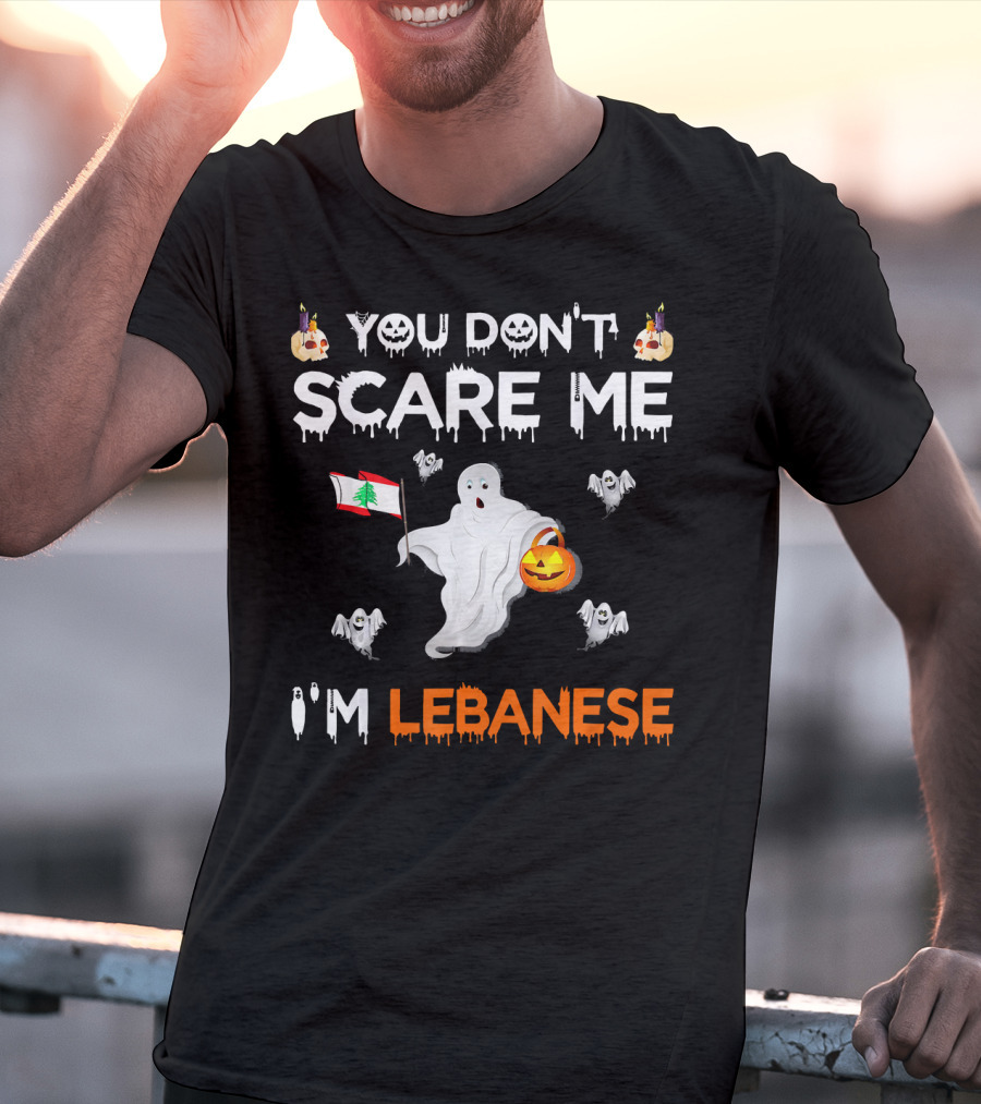 You Don't Scare Me I'm Lebanese Ghost With Lebanese Flag And Pumpkin Halloween T-Shirt