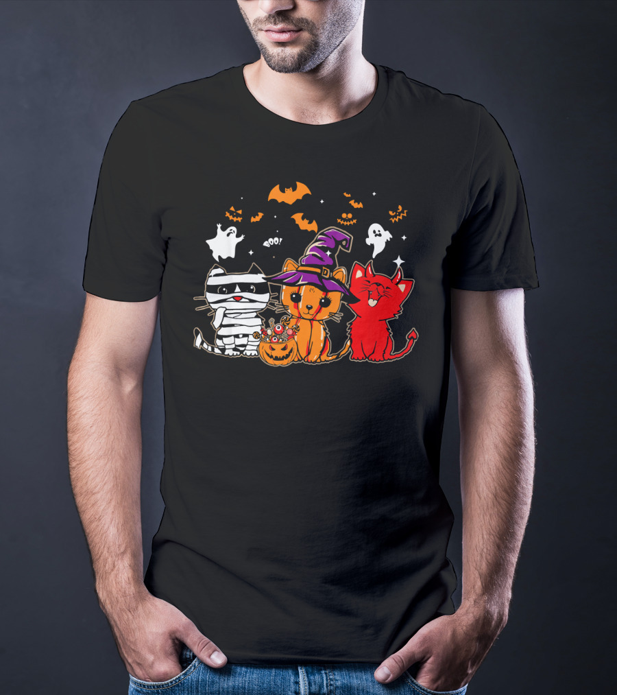 Funny Cat Trio In Halloween Costumes With Ghosts And Pumpkins T-Shirt