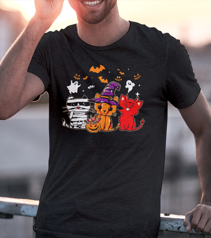 Funny Cat Trio In Halloween Costumes With Ghosts And Pumpkins T-Shirt