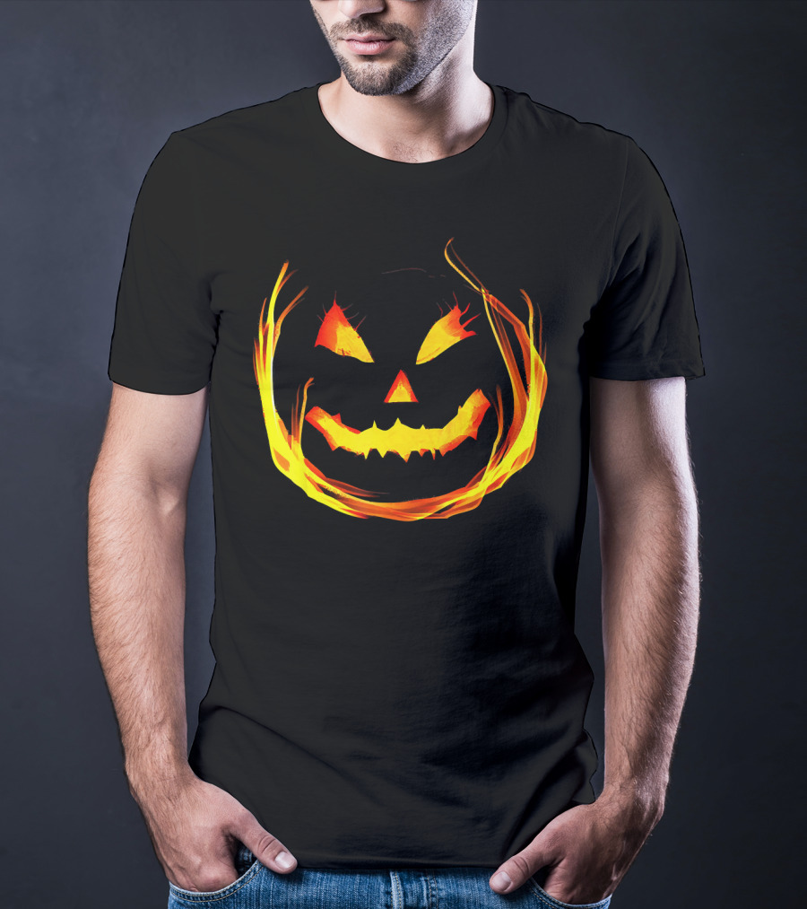 Fun And Spooky Fiery Jack O Lantern Halloween Pumpkin Face T-Shirt