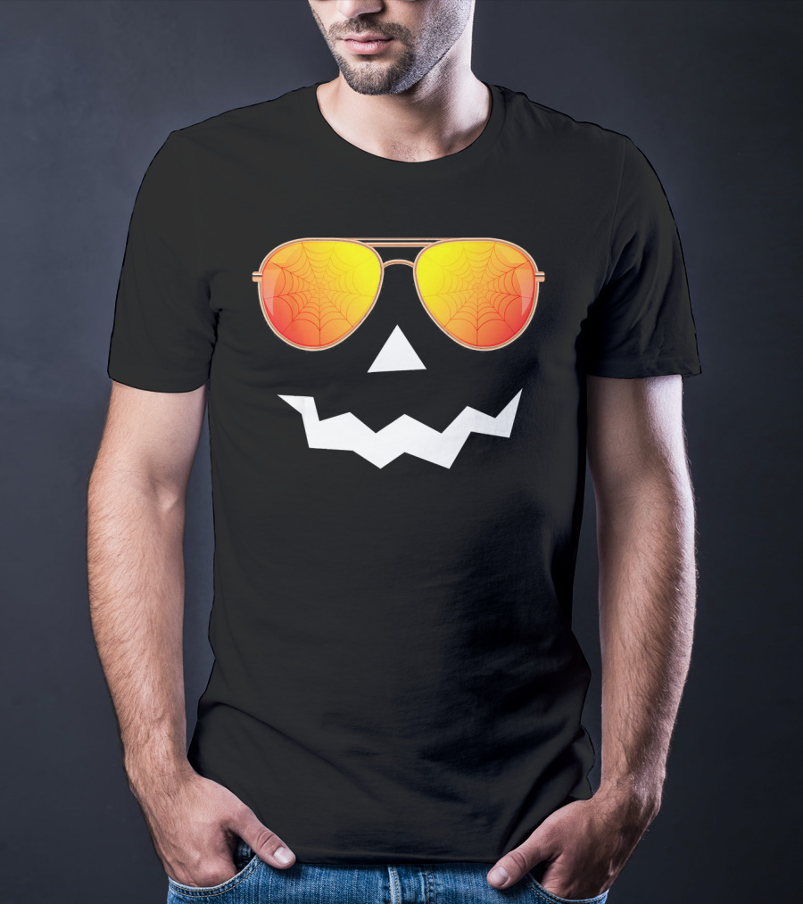 Halloween Jack O Lantern With Sunglasses And Spider Web Reflection T-Shirt