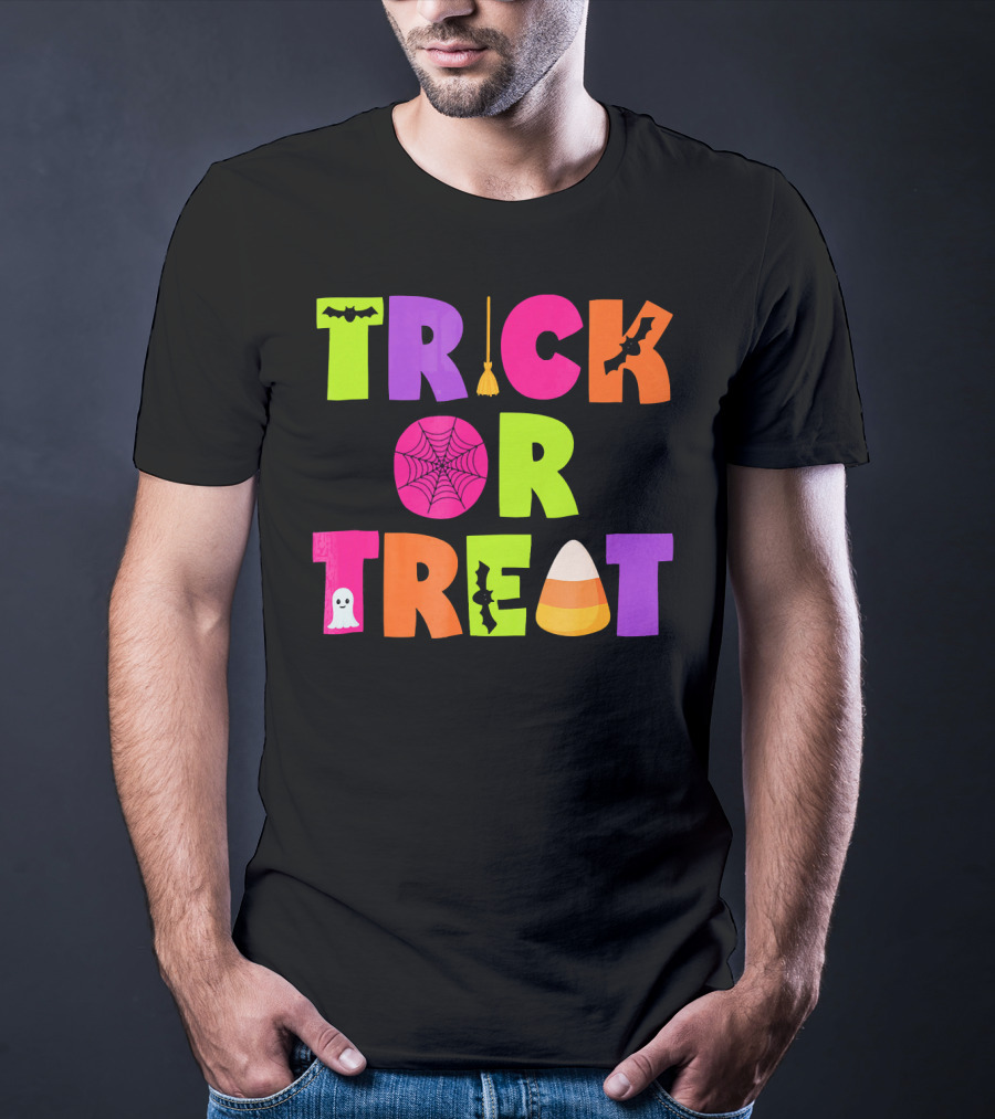 Trick Or Treat Bat Broom Spiderweb Ghost Candy Corn Halloween T-Shirt