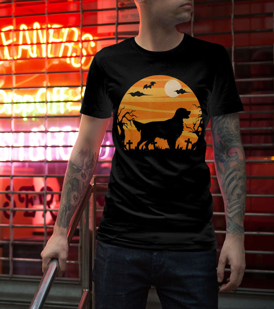 Flat Coated Retriever Halloween Moonlit Graveyard Scene T-Shirt