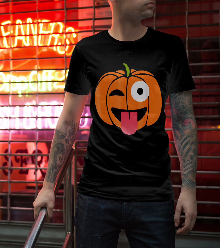 Winking Tongue Out Smiling Pumpkin Face T-Shirt