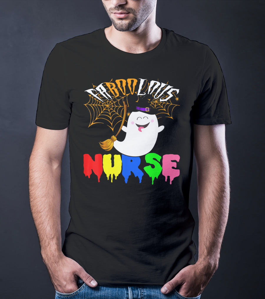 Faboolous Nurse Ghost With Witch Hat And Broom Halloween T-Shirt