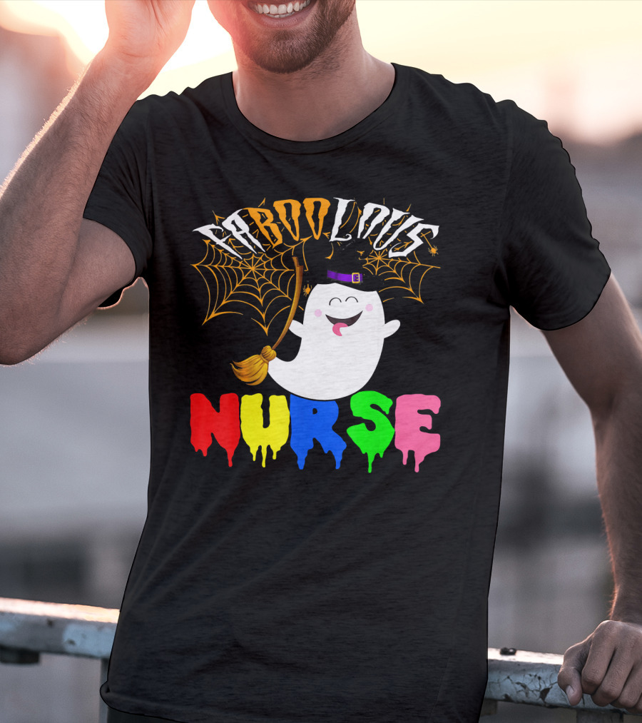 Faboolous Nurse Ghost With Witch Hat And Broom Halloween T-Shirt