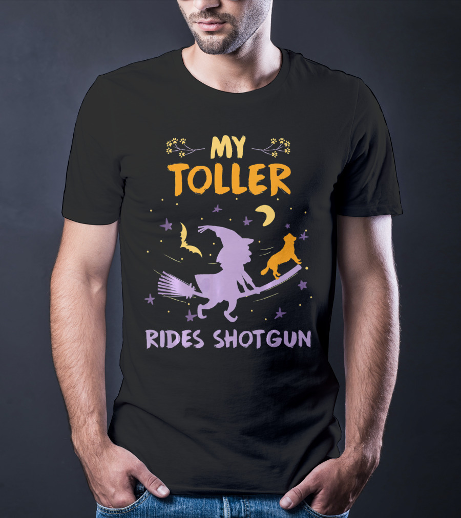 My Toller Rides Shotgun Halloween Witch And Dog Moon Stars T-Shirt