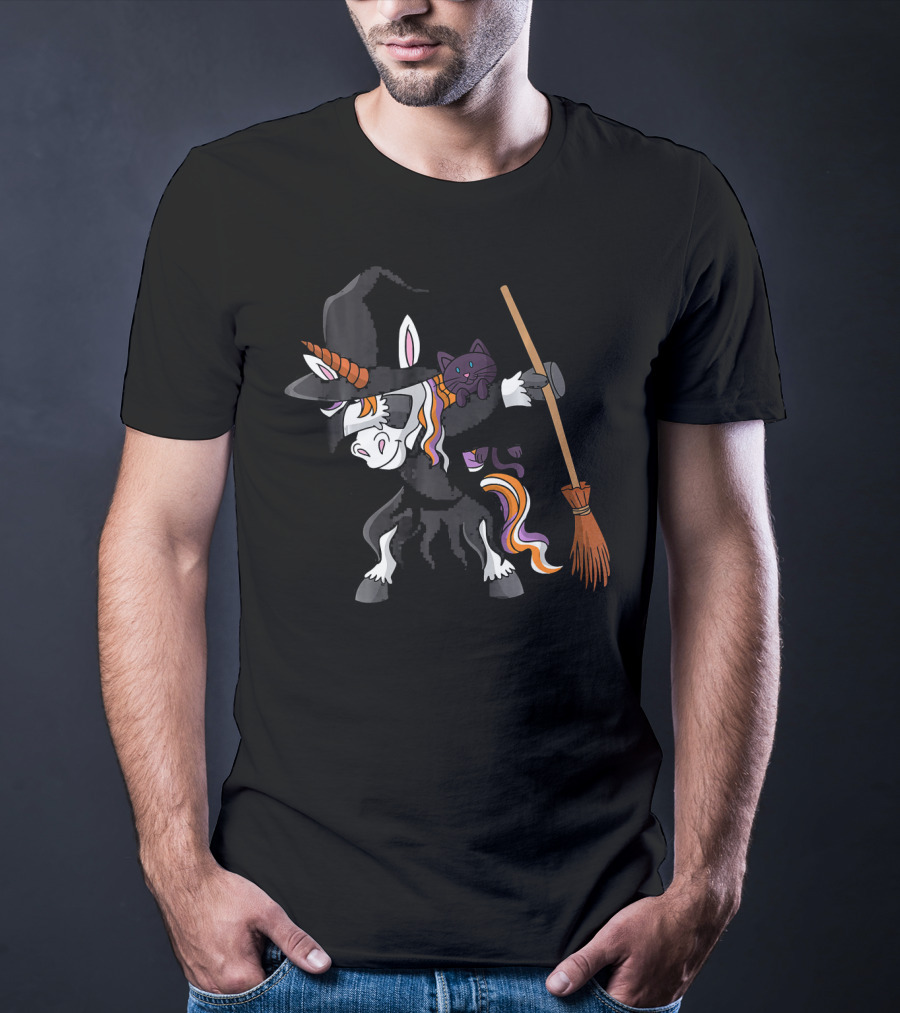 Dabbing Halloween Witch Unicorn With Cat And Broom T-Shirt