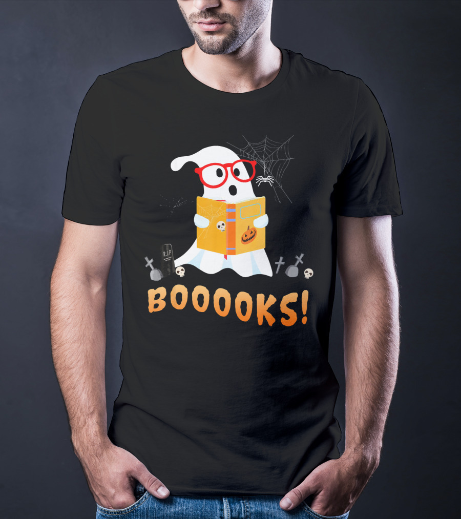 BOOOOKS Funny Teacher Halloween Ghost Reads With Spider Webs T-Shirt