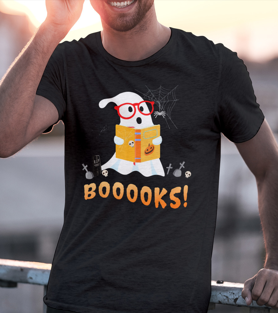 BOOOOKS Funny Teacher Halloween Ghost Reads With Spider Webs T-Shirt