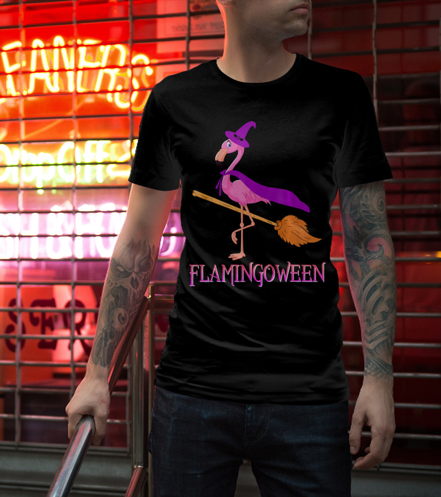 Flamingoween Witch Flamingo Riding Broomstick T-Shirt