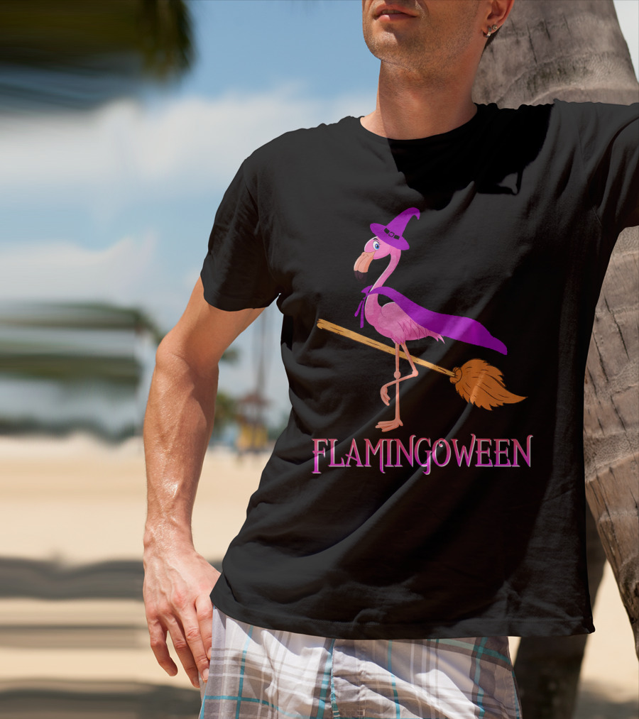 Flamingoween Witch Flamingo Riding Broomstick T-Shirt