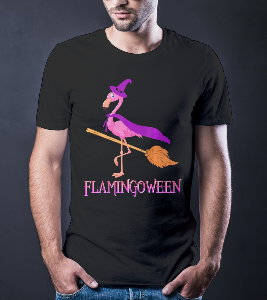Flamingoween Witch Flamingo Riding Broomstick T-Shirt