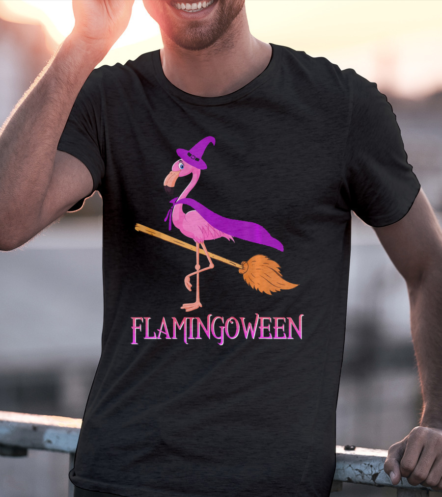 Flamingoween Witch Flamingo Riding Broomstick T-Shirt