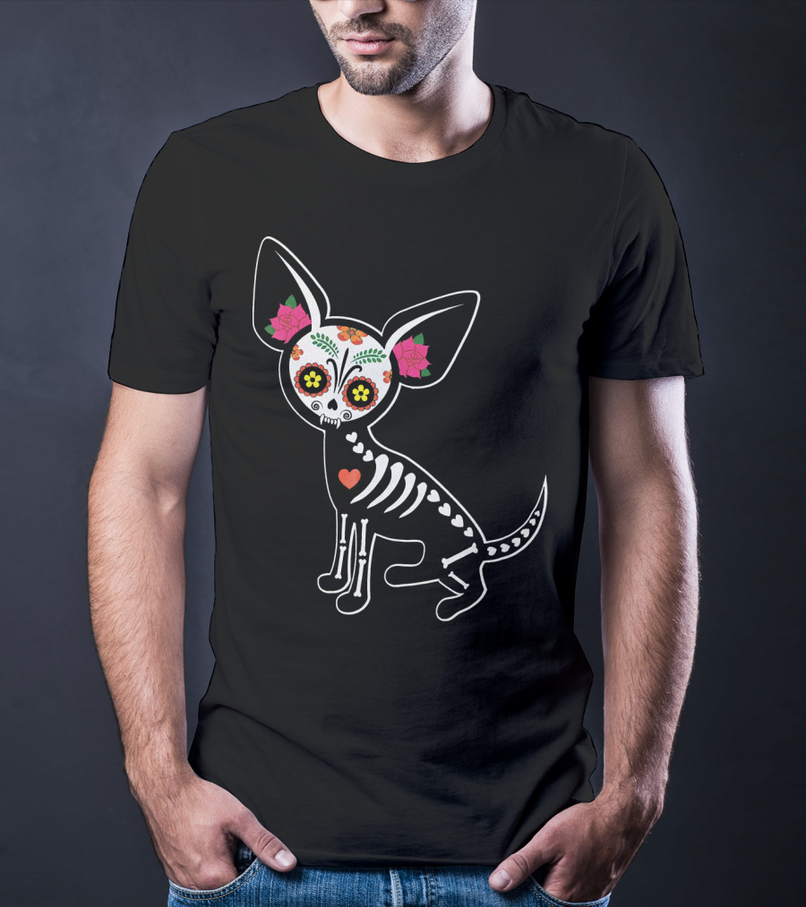Day Of The Dead Chihuahua Skeleton Skull Flowers T-Shirt
