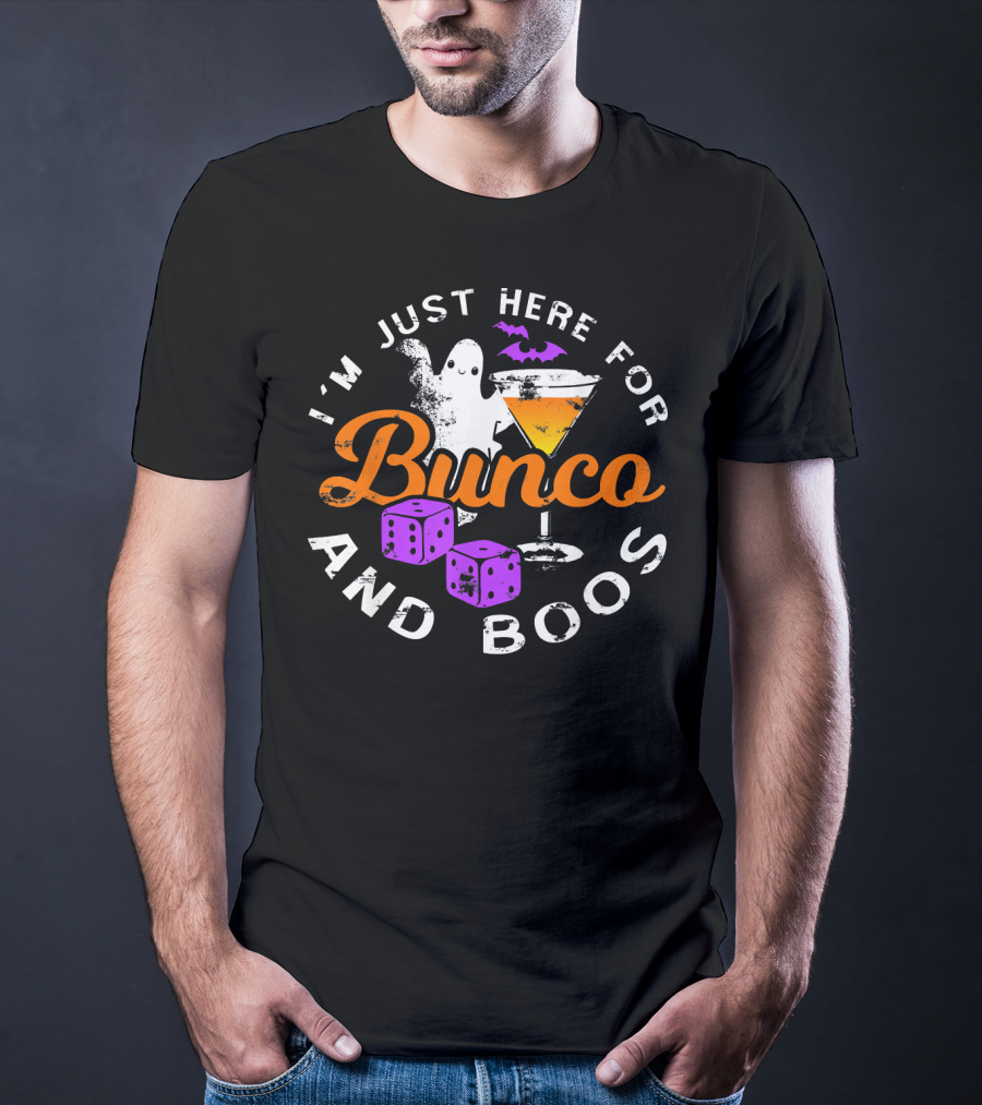 I'm Just Here For Bunco And Boos Ghost Bat Cocktail Dice T-Shirt
