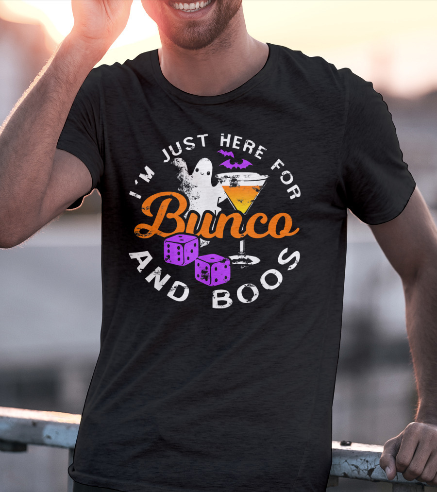 I'm Just Here For Bunco And Boos Ghost Bat Cocktail Dice T-Shirt