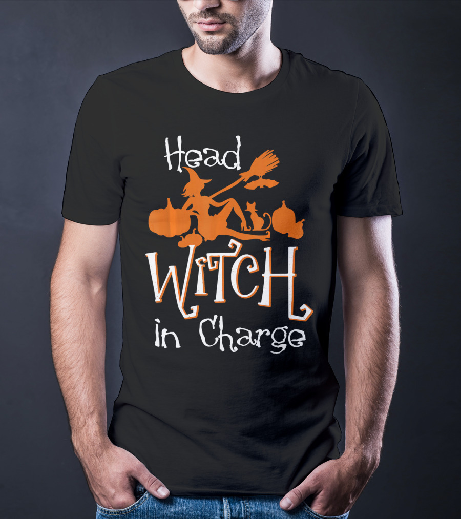 Head Witch In Charge Funny Halloween Pumpkins Broomstick Cat T-Shirt