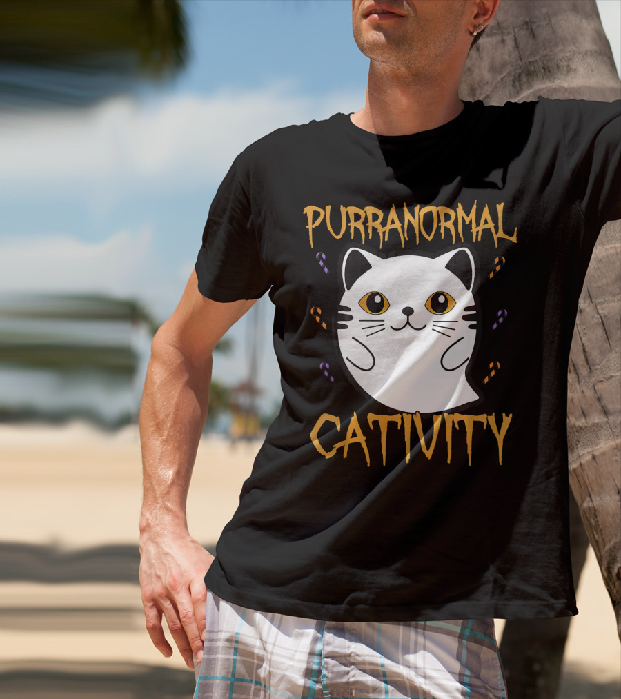 Purranormal Cativity Ghostly Cat Boo With Candy Corn T-Shirt