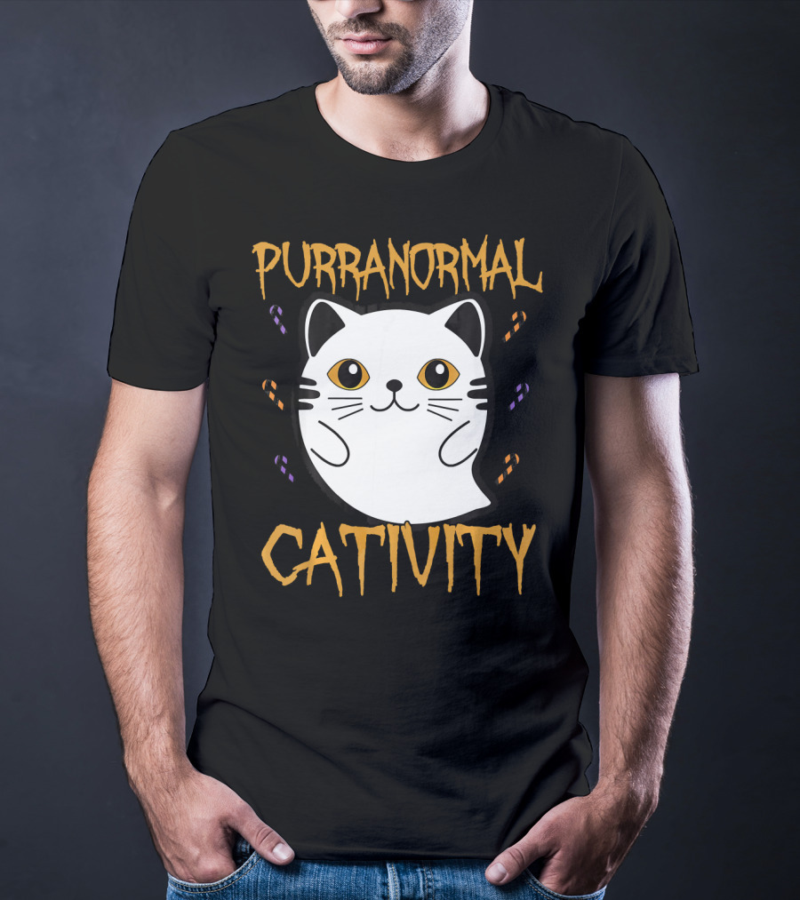 Purranormal Cativity Ghostly Cat Boo With Candy Corn T-Shirt