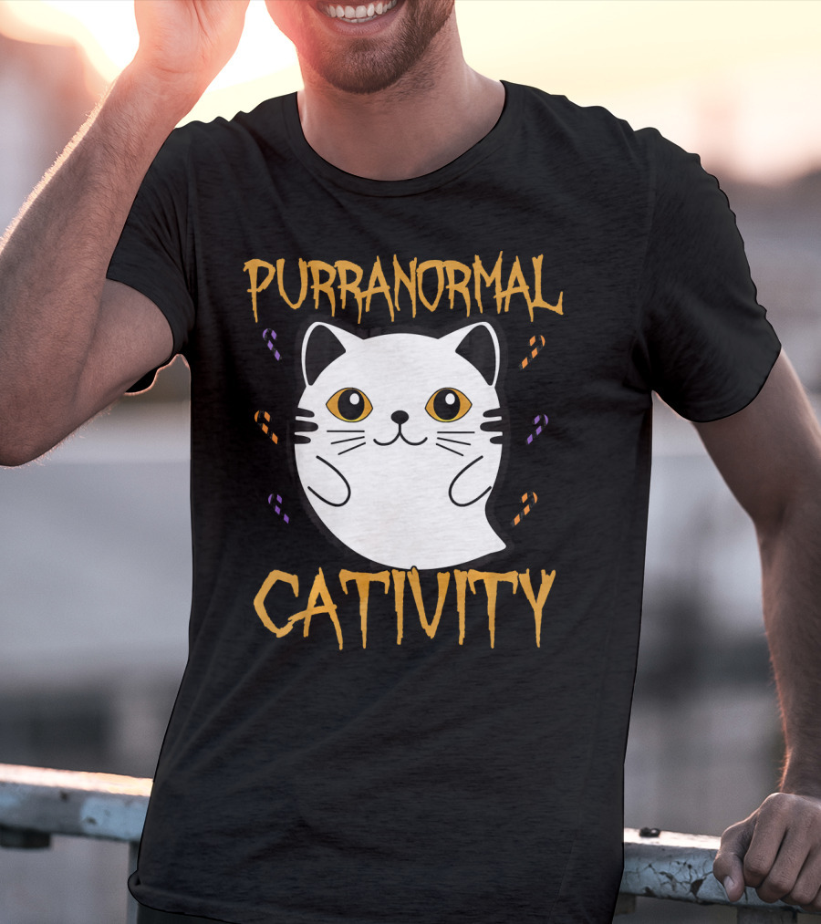 Purranormal Cativity Ghostly Cat Boo With Candy Corn T-Shirt