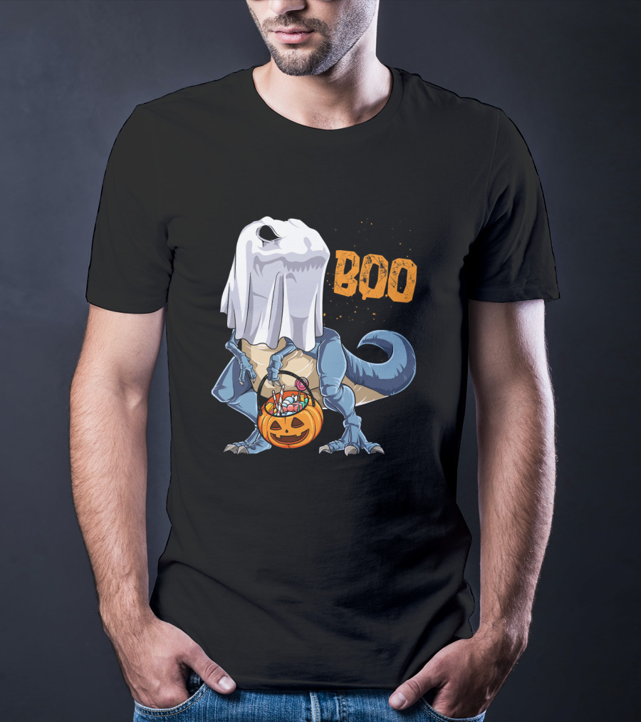 Ghost Dinosaur Rex Boo Halloween Candy Pumpkin T-Shirt