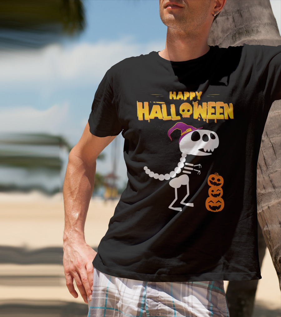 Happy Halloween Funny Rex Skeleton With Witch Hat And Pumpkins T-Shirt