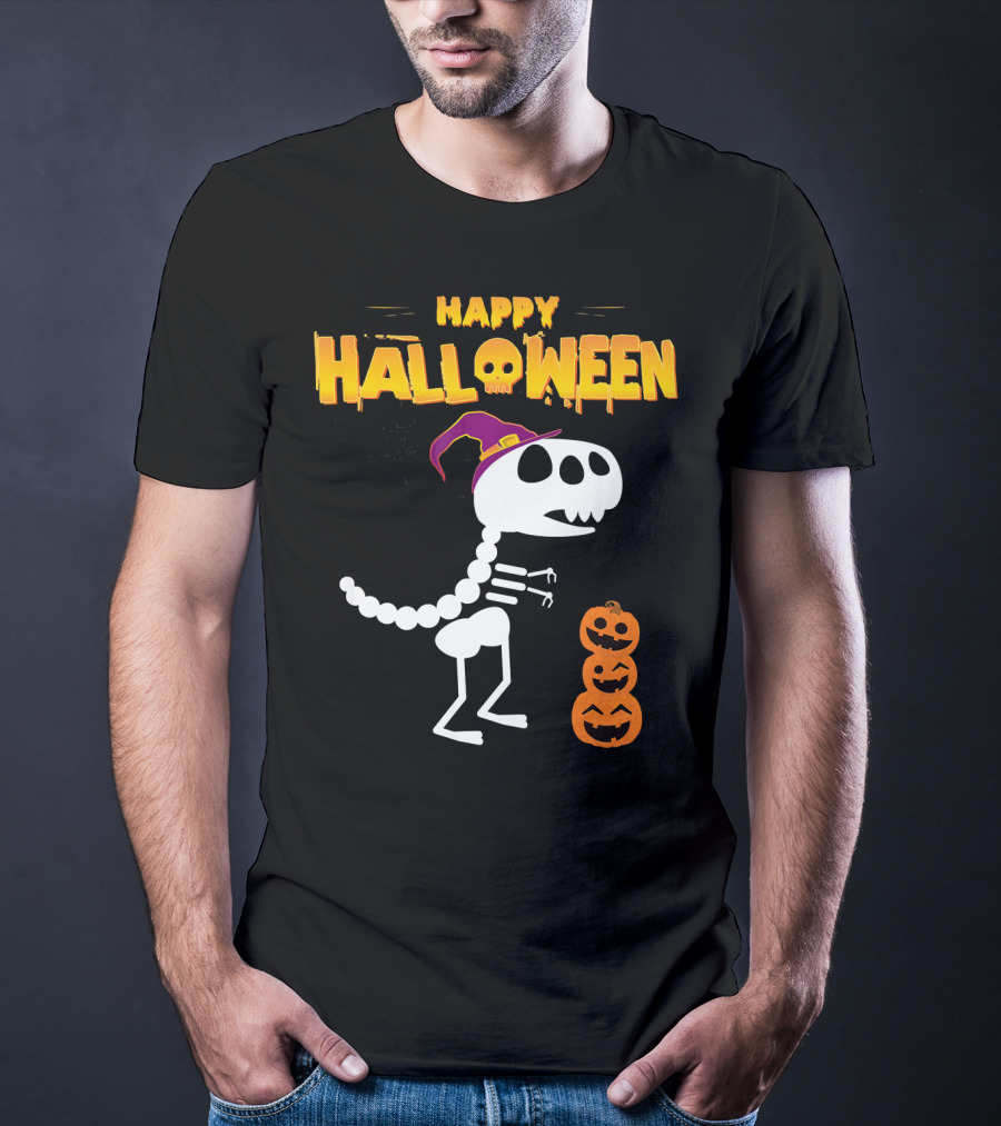 Happy Halloween Funny Rex Skeleton With Witch Hat And Pumpkins T-Shirt