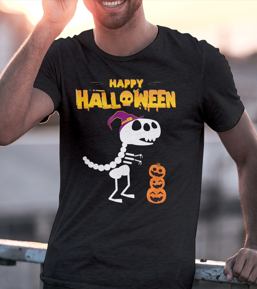 Happy Halloween Funny Rex Skeleton With Witch Hat And Pumpkins T-Shirt