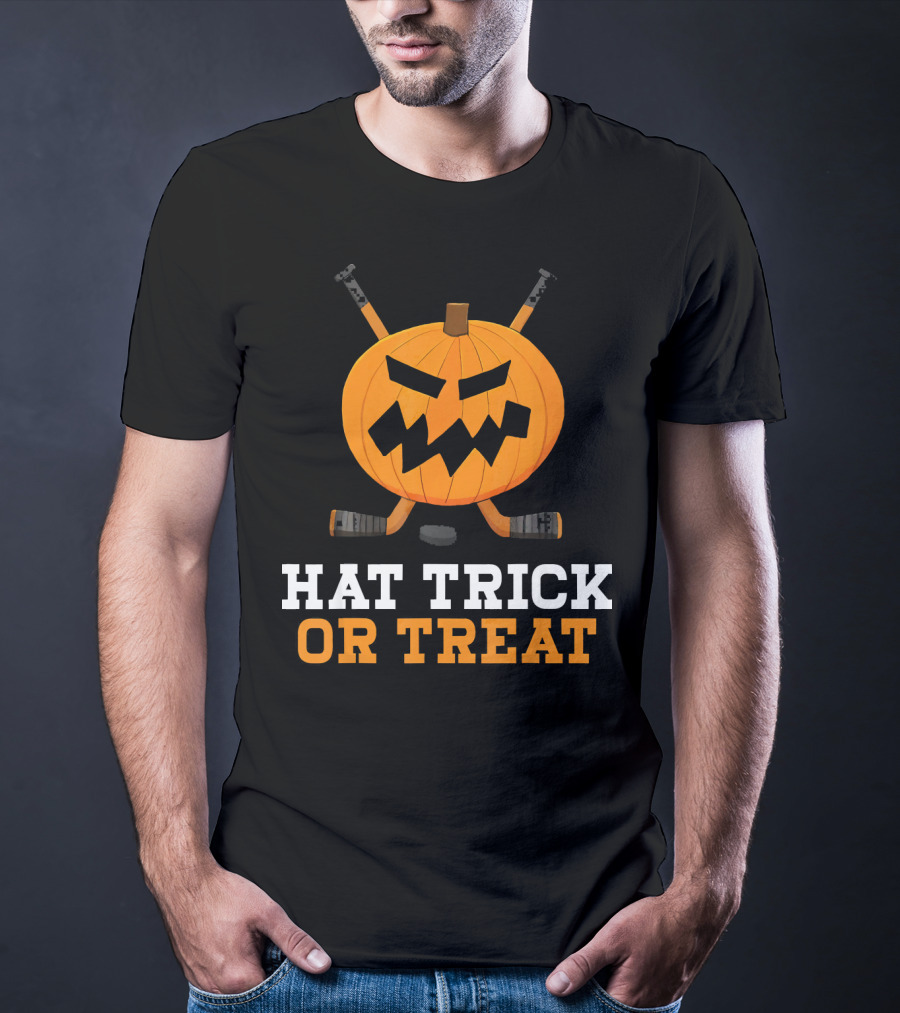 Hat Trick Or Treat Pumpkin Hockey Sticks Face T-Shirt