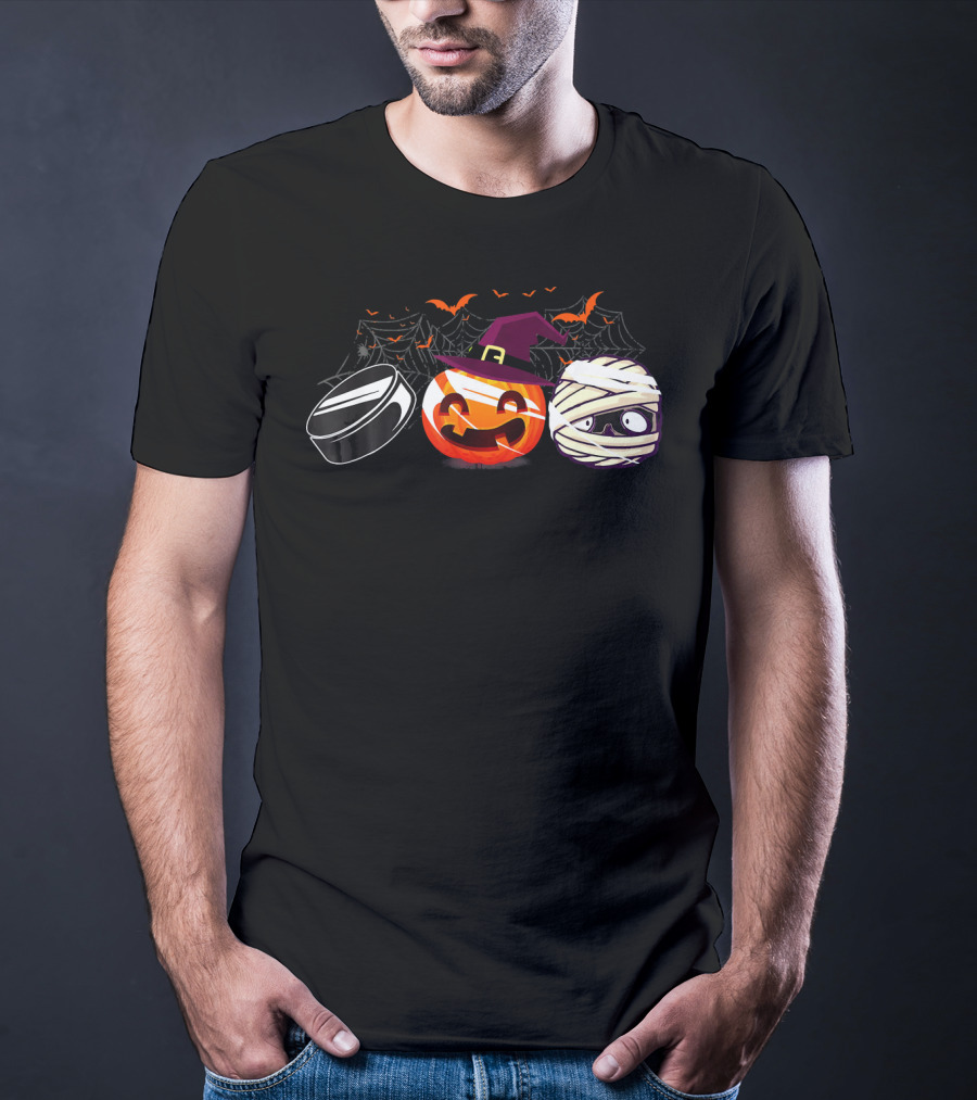 Hockey Puck Witch Pumpkin Mummy Halloween Bats Webs T-Shirt