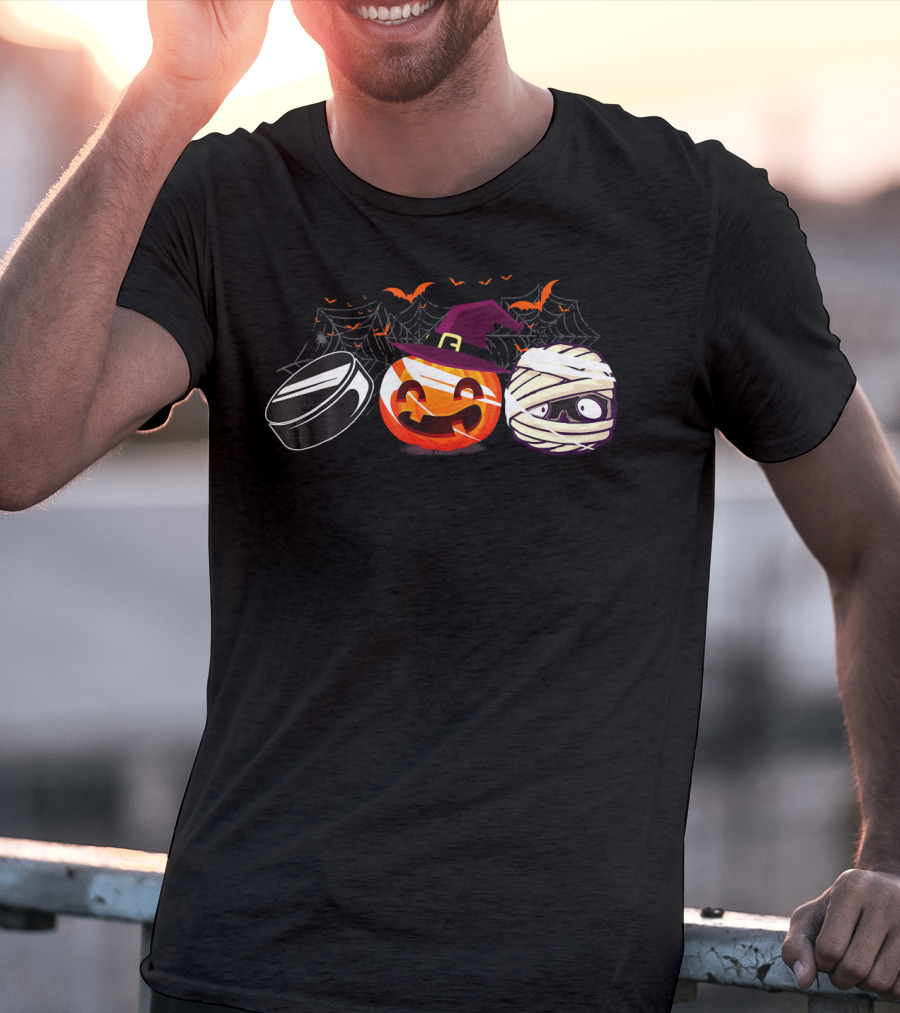 Hockey Puck Witch Pumpkin Mummy Halloween Bats Webs T-Shirt