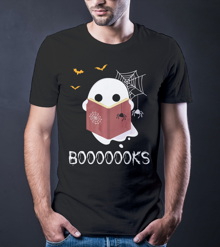 Booooooks Funny Boo Read Books Reading Ghost Spider Web Bats T-Shirt