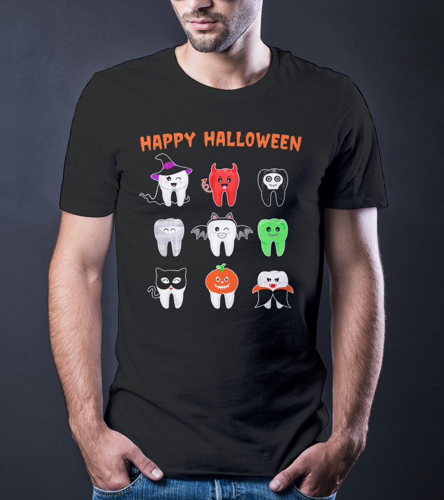 Happy Halloween Cute Tooth Monsters In Costume T-Shirt