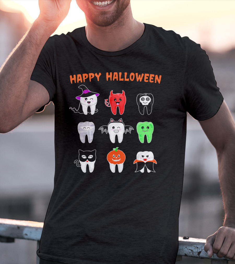 Happy Halloween Cute Tooth Monsters In Costume T-Shirt