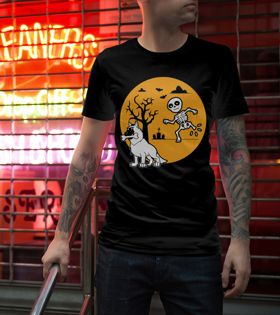 Belgian Malinois Skeleton Bone Halloween Moon Graveyard Scene T-Shirt
