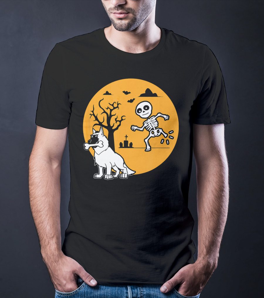 Belgian Malinois Skeleton Bone Halloween Moon Graveyard Scene T-Shirt
